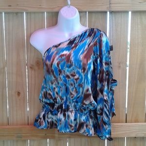 BLUE-BROWN ONE SHOULDER SHIRT